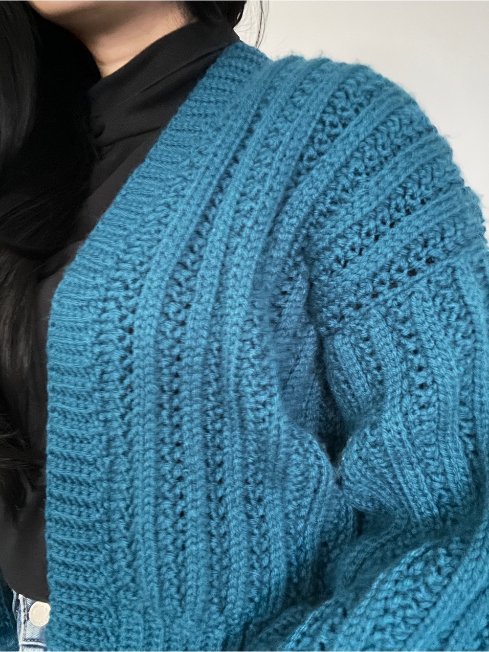 Chunky Teal Cable-Knit Women's Cardigan Sweater - Picture 4 of 6